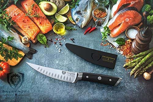Dalstrong gladiator series 6 inch curved fillet knife with black handle and sheath at the bottom of different fillets of fish.