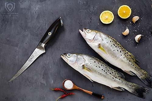 Dalstrong omega series curved boning knife with black sheath beside two whole fish.