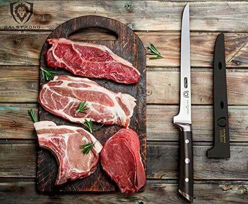Gladiator series 8 inch boning knife with black handle and four different cuts of meat on a wooden cutting board.