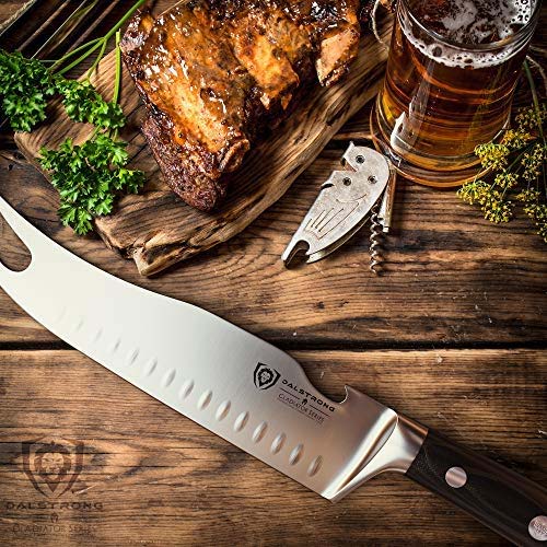 Dalstrong gladiator series 8 inch pitmaster knife with black handle and a rack of ribs on a wooden board.