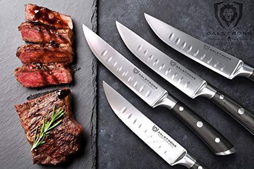 Dalstrong gladiator series 4 piece steak knife set with black handles and five slices of steak on a rough surface.