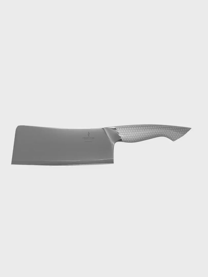 Dalstrong frost fire series 7 inch cleaver knife with white honeycomb handle in all angles.
