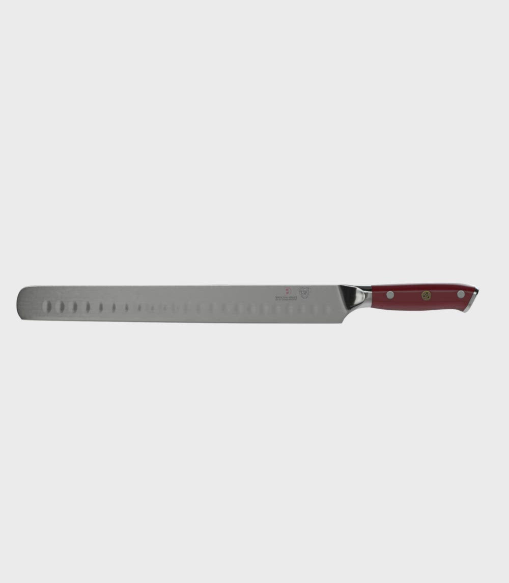 Dalstrong shogun series 12 inch slicer knife with crimson red handle in all angles.