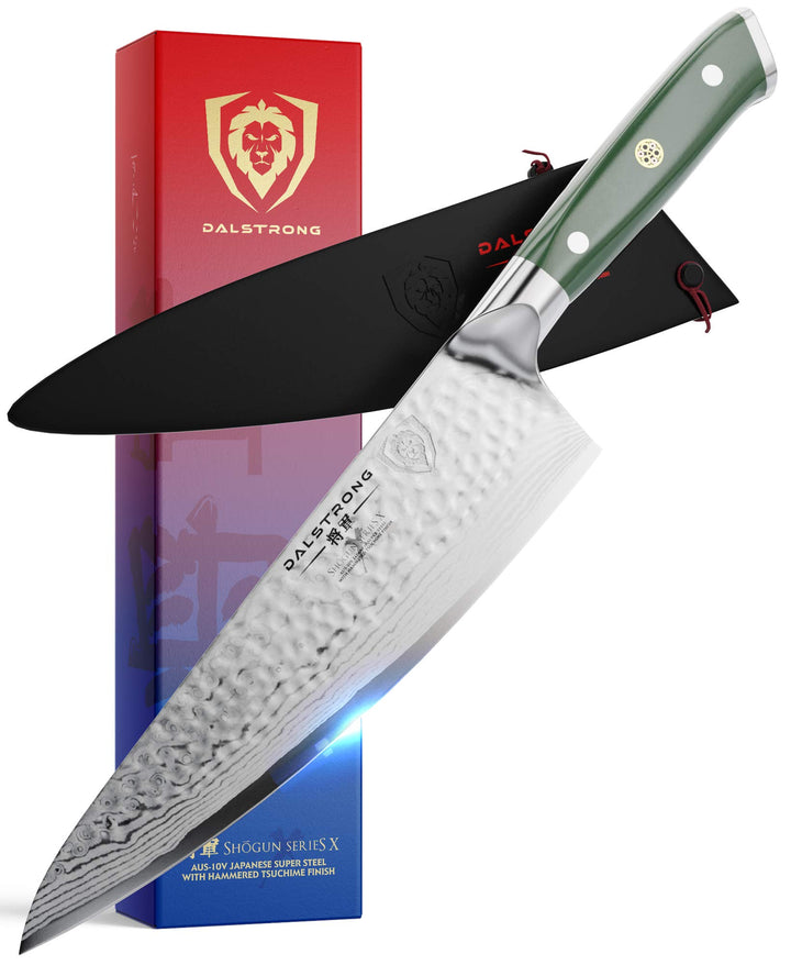 Dalstrong shogun series 8 inch chef knife with army green handle in front of it's premium packaging.