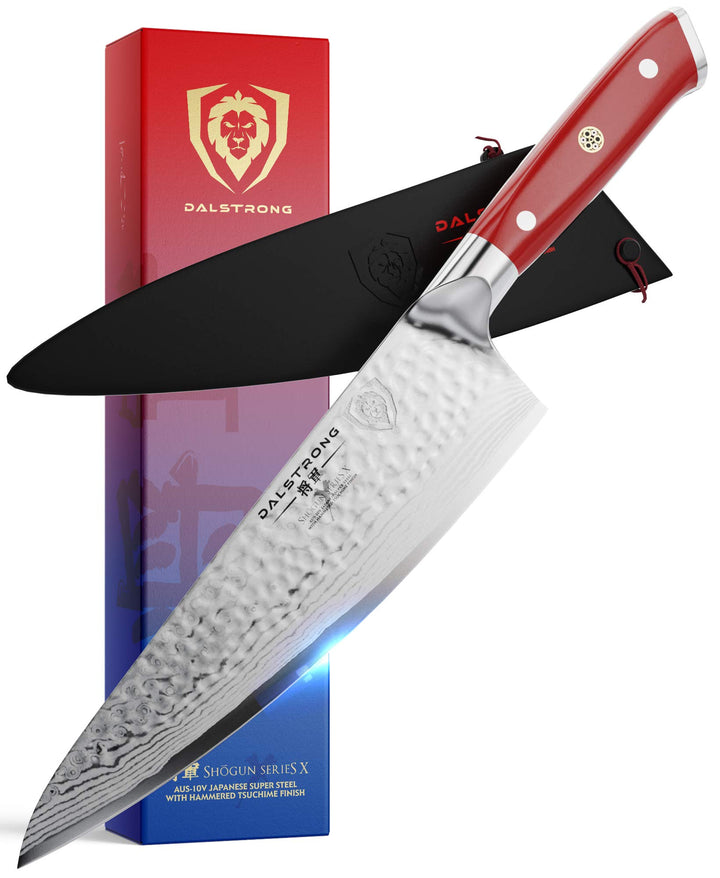 Dalstrong shogun series 8 inch chef knife with crimson red handle in front of it's premium packaging.