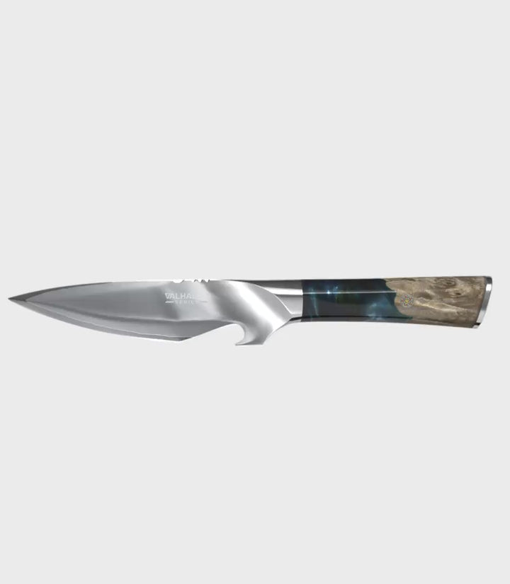 Dalstrong valhalla series 6 inch piranha knife with wooden handle in all angles.