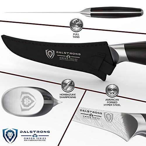 Dalstrong omega series curved boning knife featuring it's blade handle and tang.