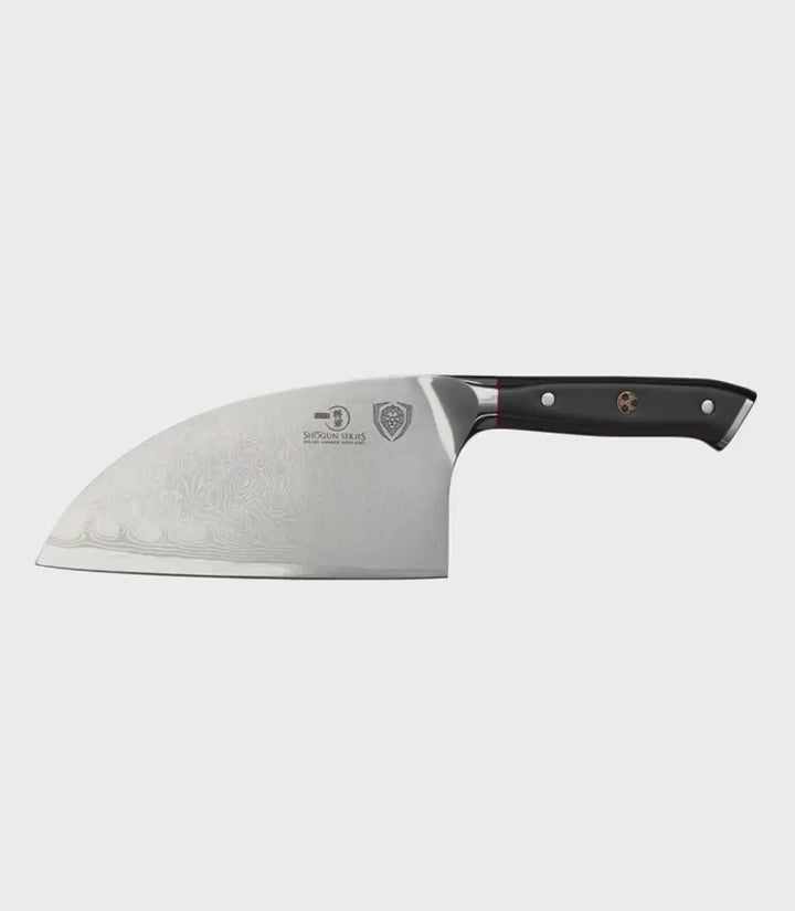 Dalstrong shogun series 8 inch serbian chef knife with black handle in all angles.