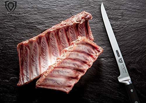 Gladiator series 8 inch boning knife with black handle and two rack of ribs beside it.