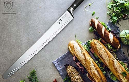 Dalstrong gladiator series 14 inch serrated slicer knife with black handle and breads on top of a blue cloth.