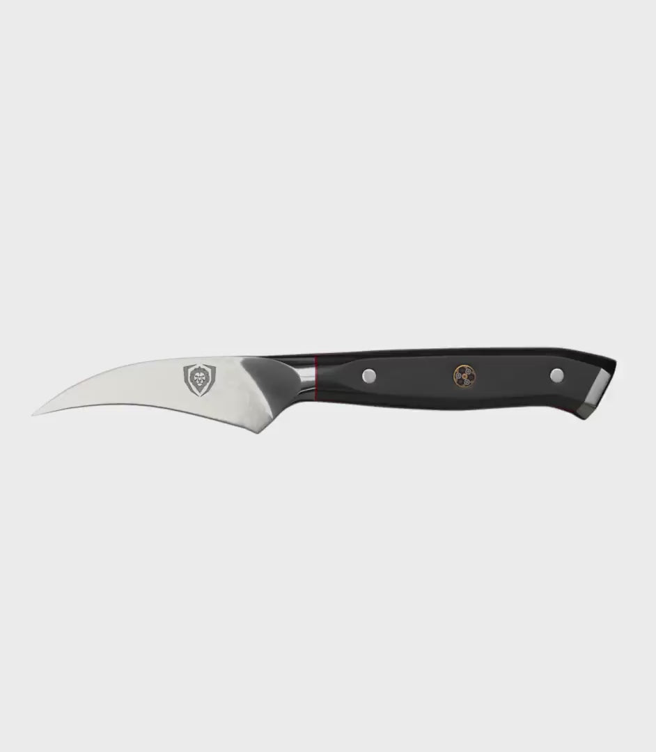 Dalstrong shogun series 3 inch bird beak paring knife with black handle in all angles.