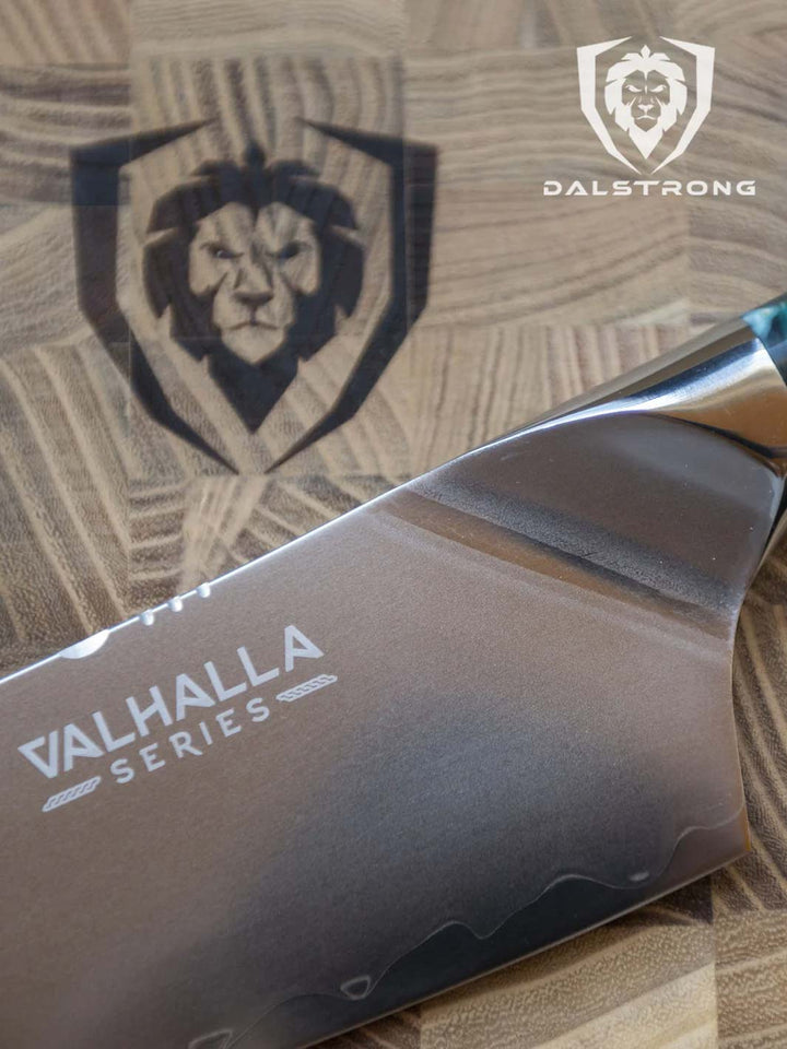 Dalstrong valhalla series 9.5 inch chef knife featuring it's series and dalstrong logo.