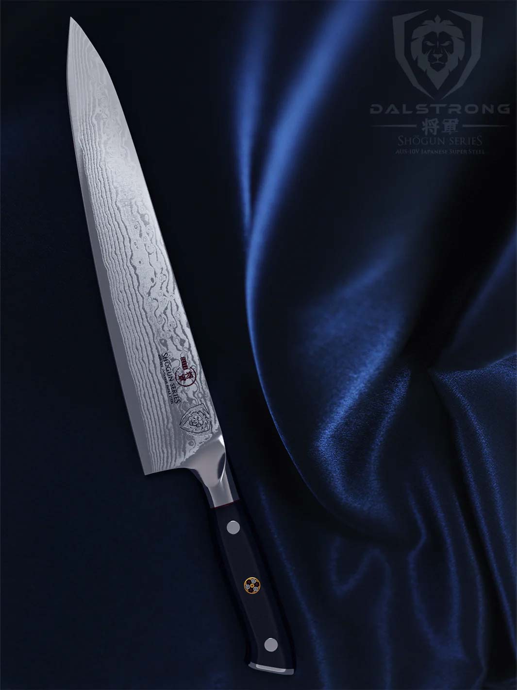 Dalstrong shogun series 9.5 inch chef knife with black handles on a cloth.
