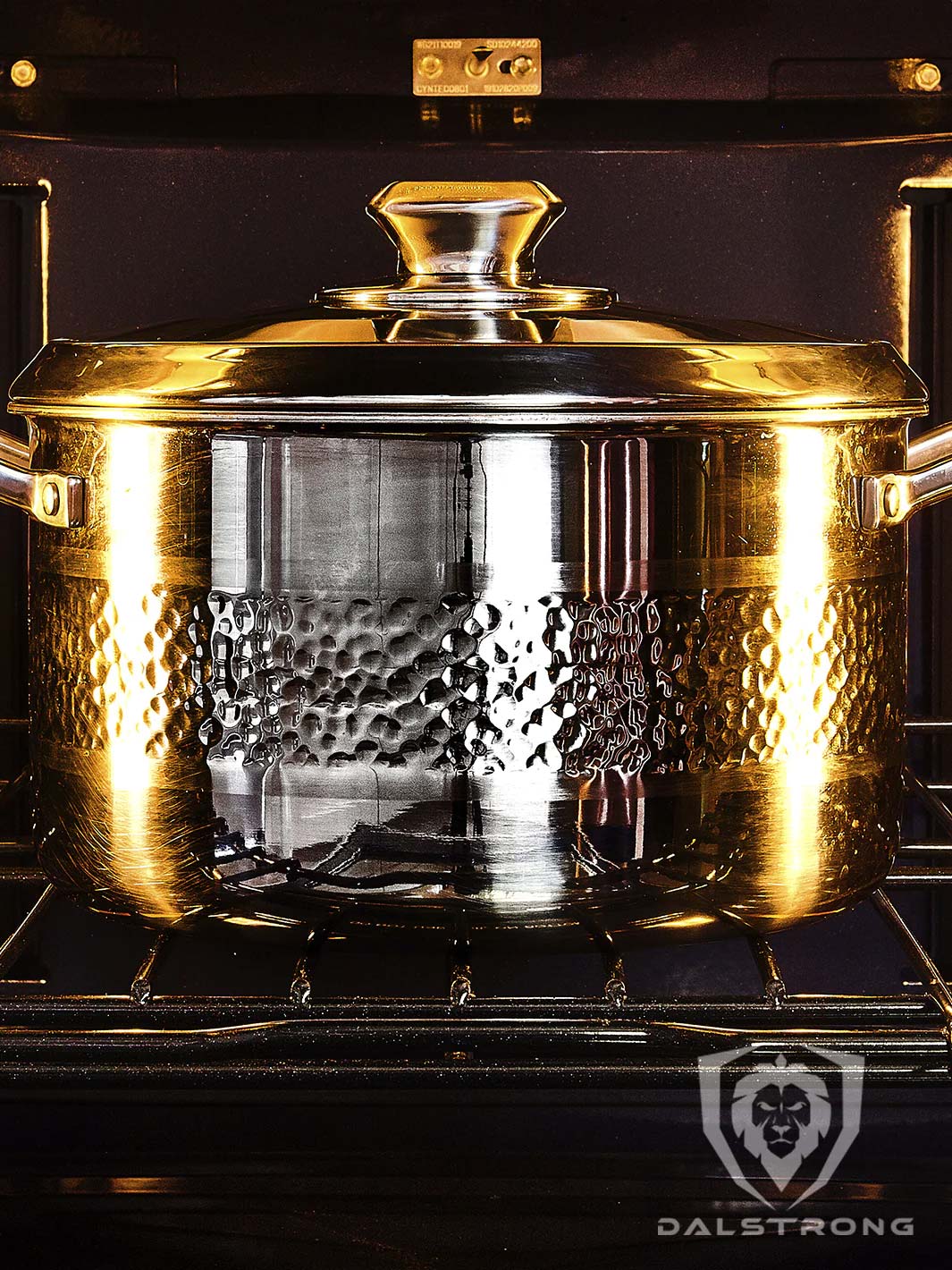 Dalstrong avalon series 8 quart stock pot hammered finish silver inside an oven.