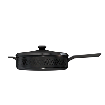Dalstrong avalon series 12 inch hammered finish black frying pan in all angles.