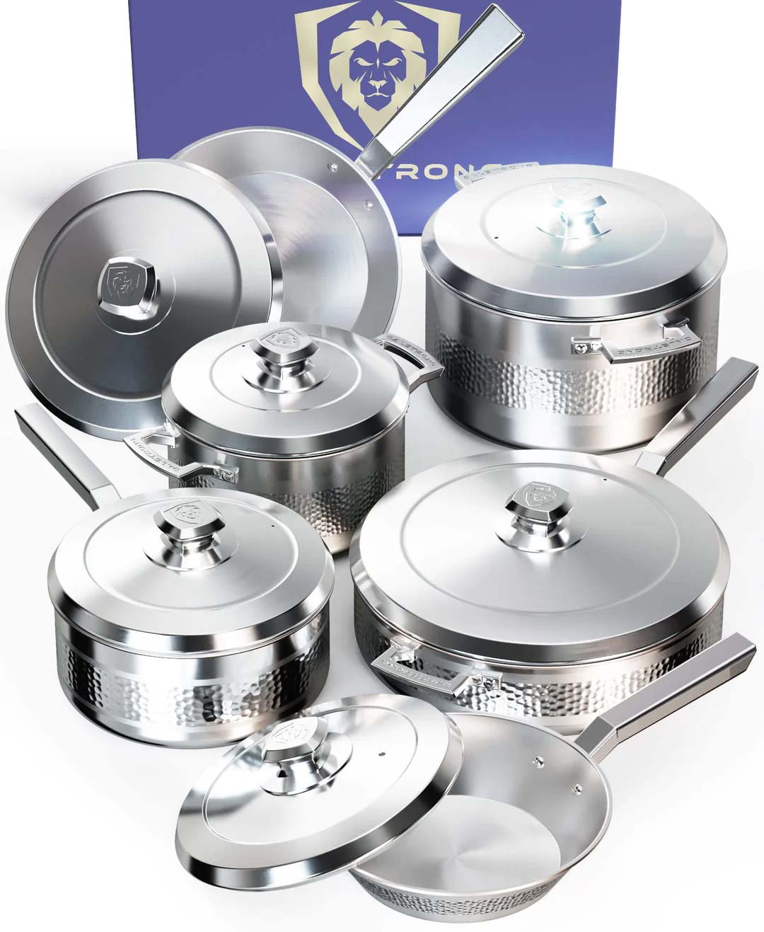 Dalstrong avalon series 12 piece cookware set silver in front of it's premium packaging.