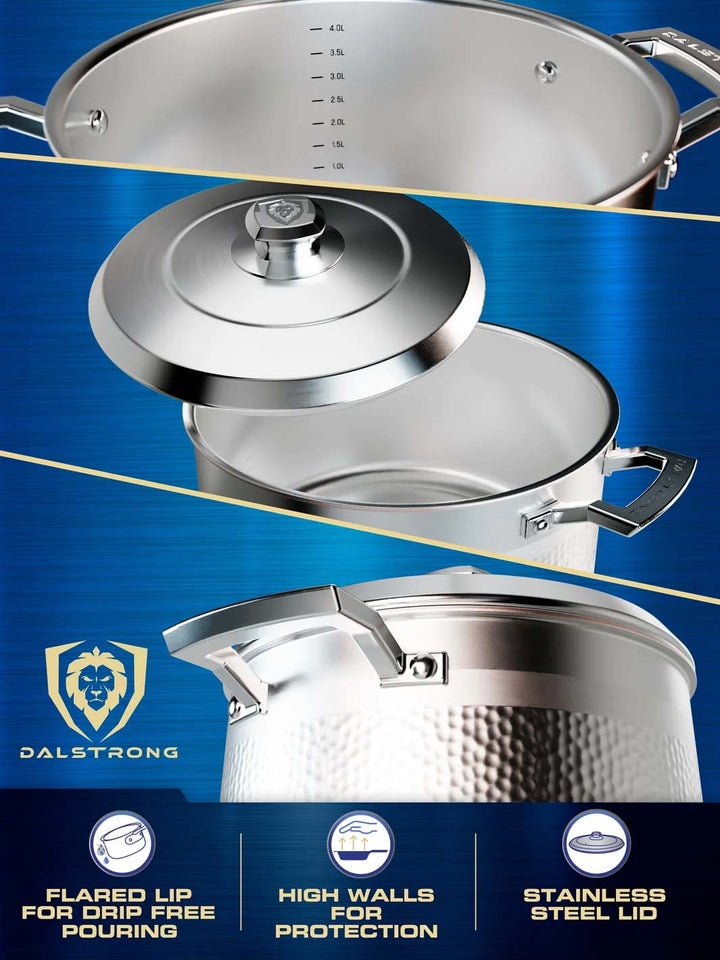 Dalstrong avalon series 12 piece cookware set silver featuring it's high walls and stainless steel lid.