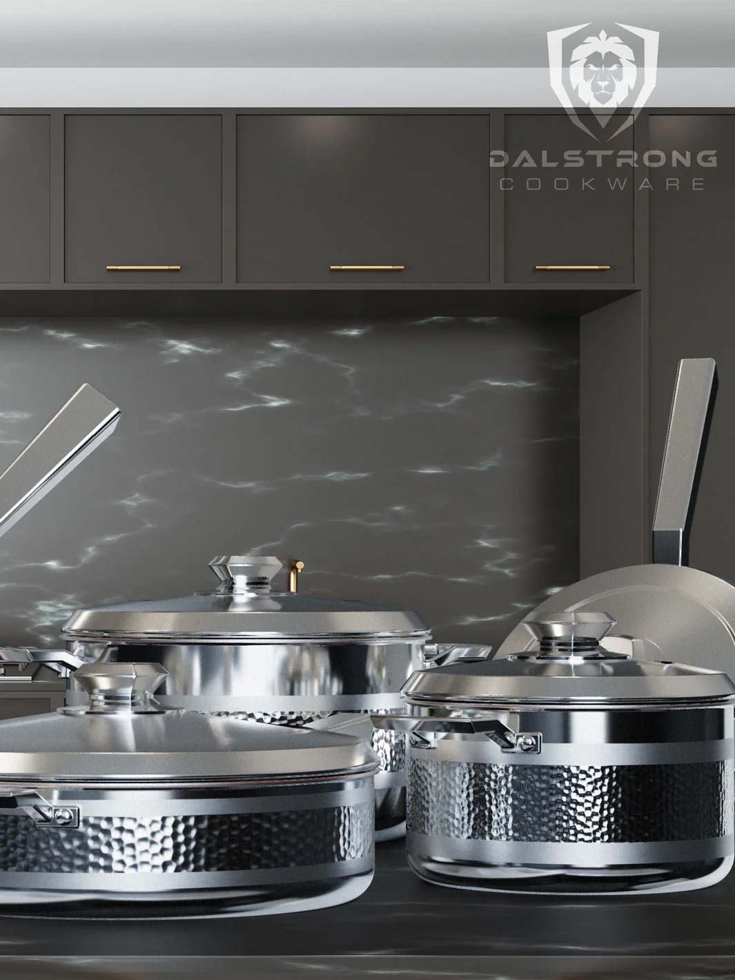 Dalstrong avalon series 12 piece cookware set silver in the kitchen.