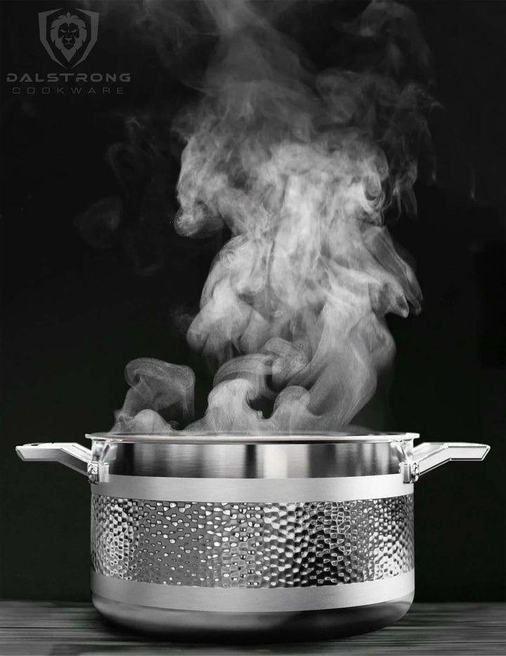 Dalstrong avalon series 5 quart stock pot hammered finish silver with steam coming out.