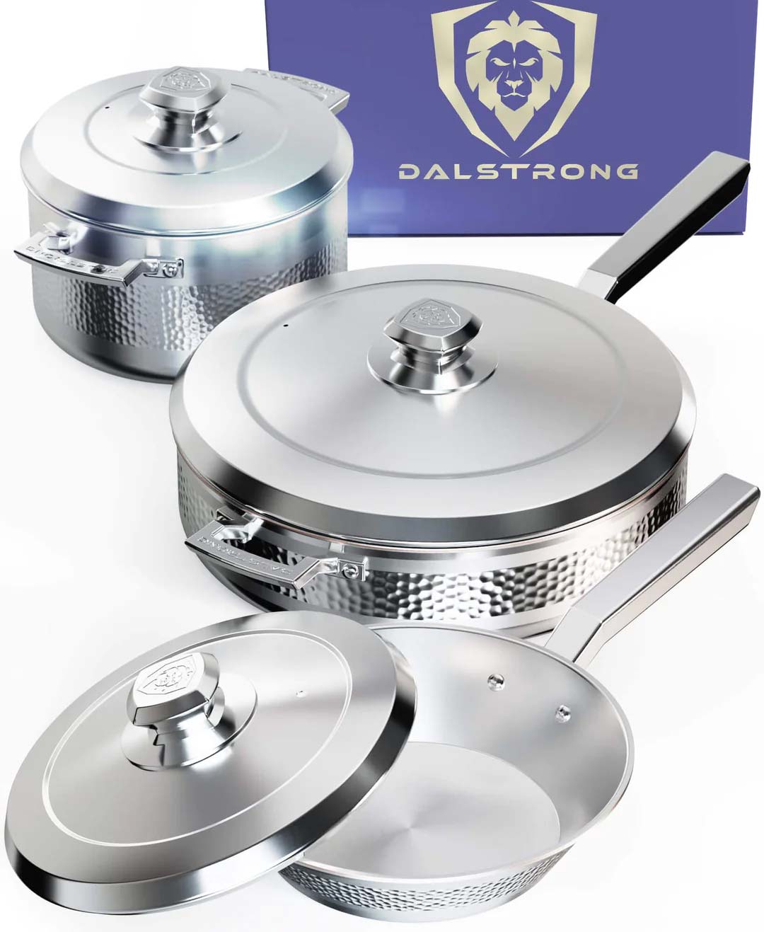 Dalstrong avalon series 6 piece cookware set silver in front of it's premium packaging.