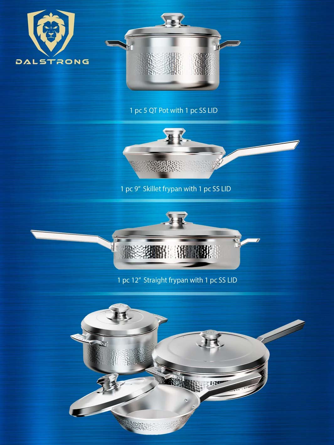Dalstrong avalon series 6 piece cookware set silver featuring it's complete set of cookwares.