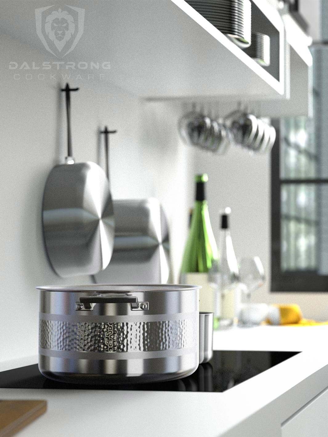 Dalstrong avalon series 8 quart stock pot hammered finish silver on a stove top.