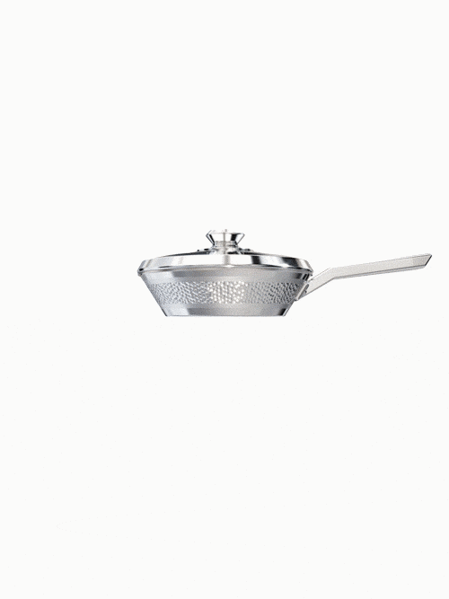 Dalstrong avalon series 9 inch frying pan skillet hammered finish silver in all angles.