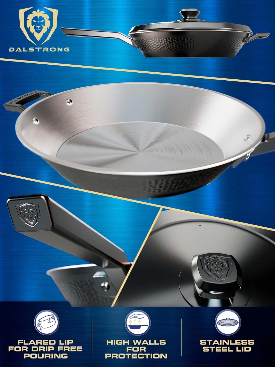 Dalstrong avalon series 12 inch frying pan and skillet hammered finish black showcasing it's high walls and stainless steel lid.