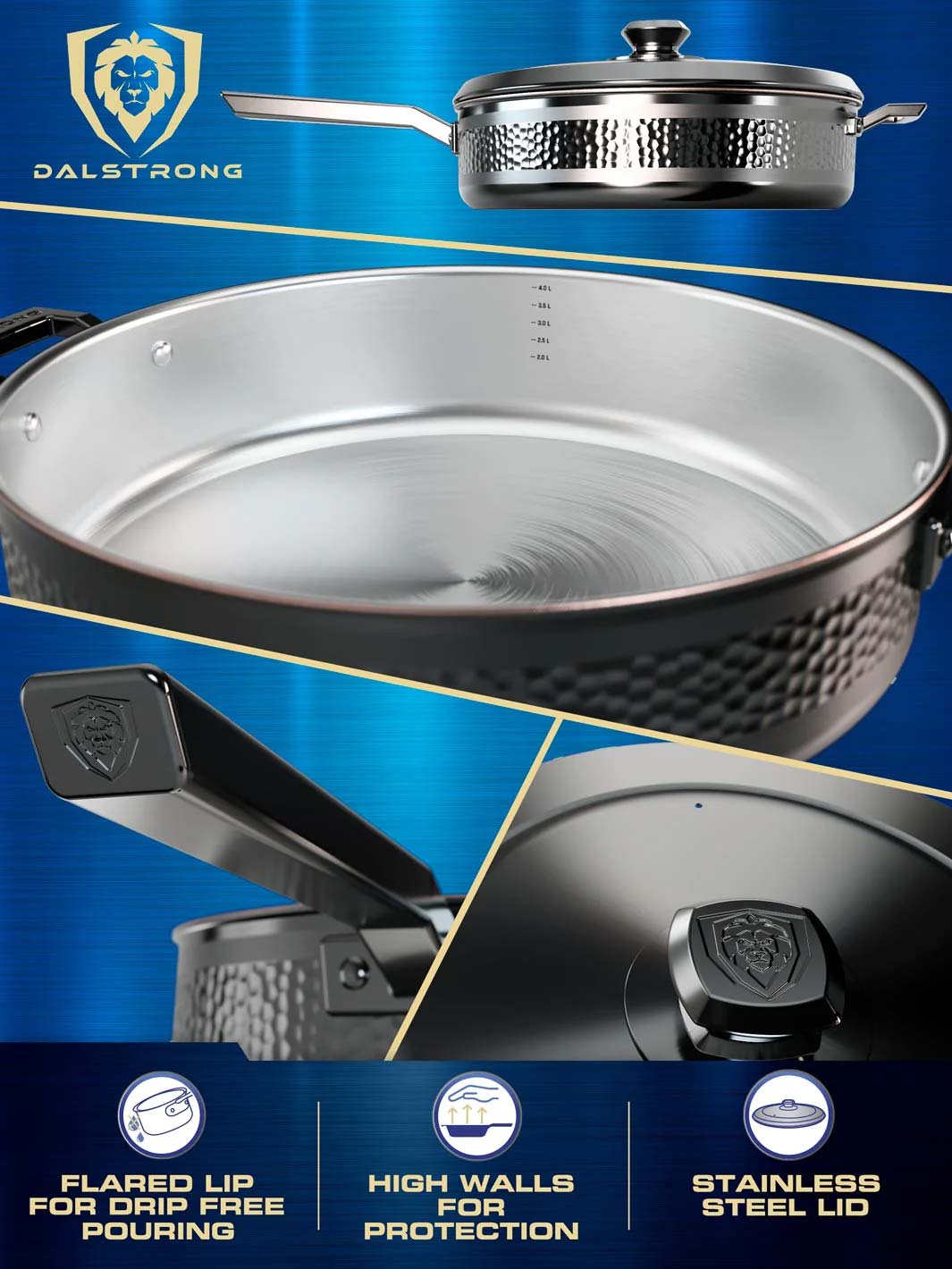 Dalstrong avalon series 12 inch hammered finish black frying pan showcasing it's high walls and stainless steel lid.