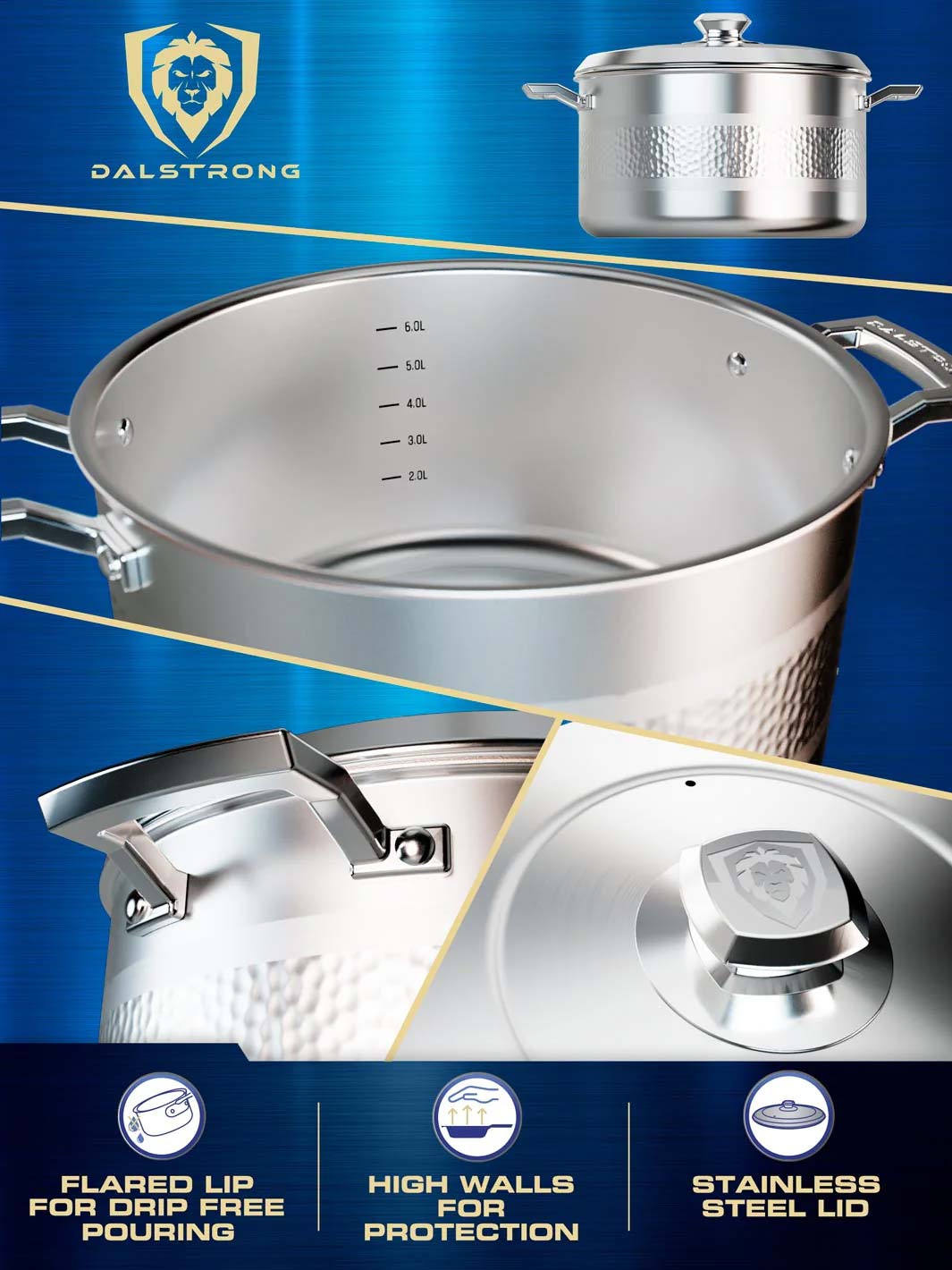 Dalstrong avalon series 3 quart stock pot hammered finish silver showcasing it's high walls and stainless stell lid.
