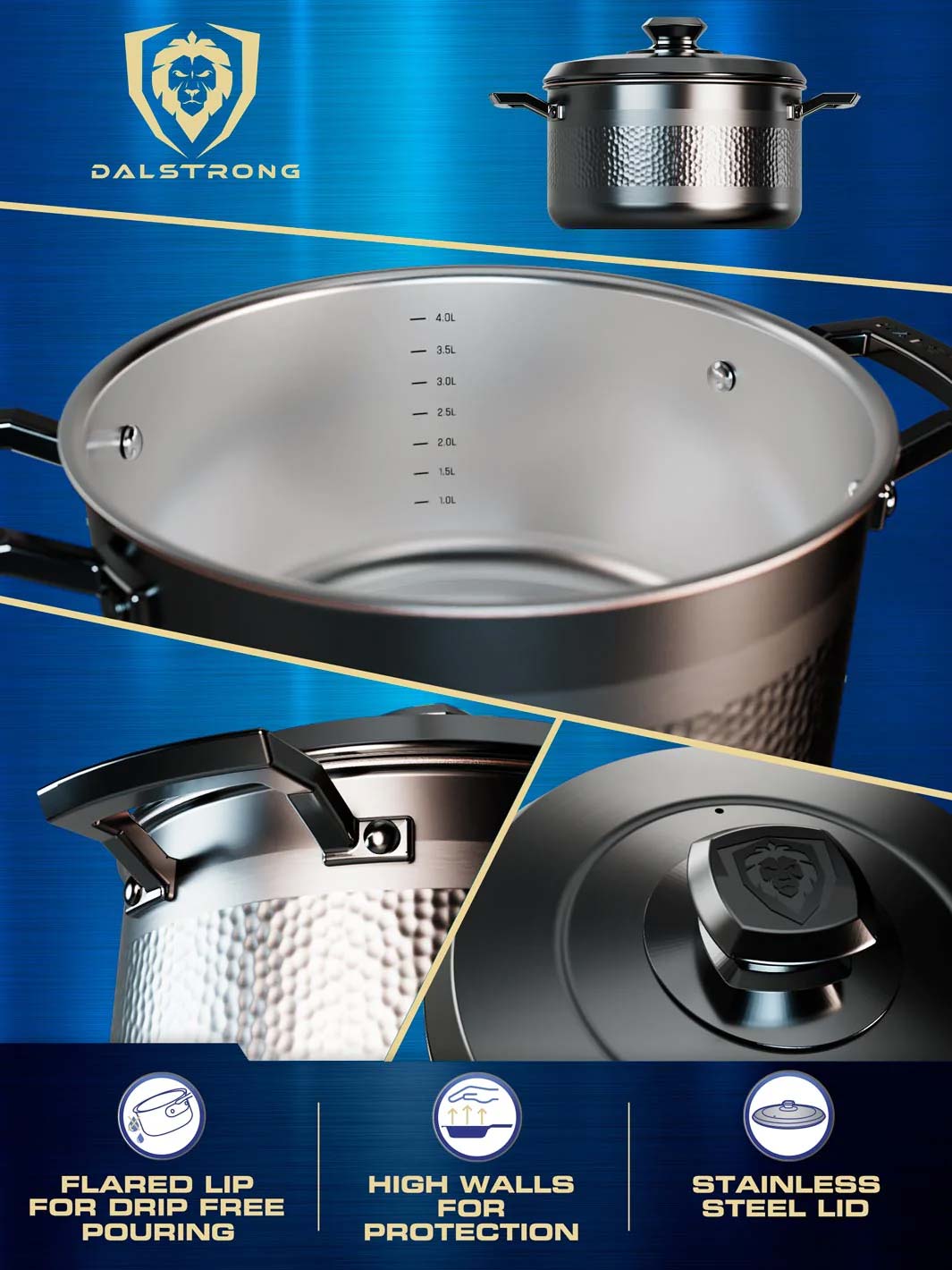 Dalstrong avalon series 5 quart stock pot hammered finish black showcasing it's high walls and stainless steel lid.