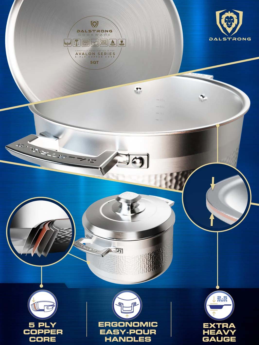 Dalstrong avalon series 5 quart stock pot hammered finish silver featuring it's 5 ply copper core and handles.