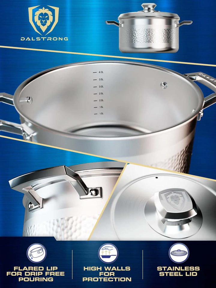 Dalstrong avalon series 5 quart stock pot hammered finish silver showcasing it's high walls and stainless steel lid.