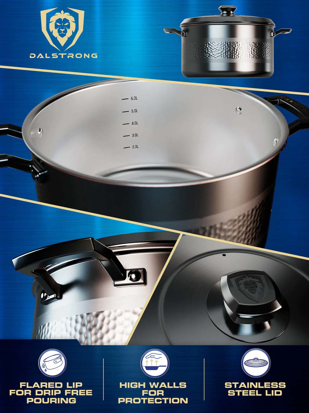 Dalstrong avalon series 8 quart stock pot hammered finish black showcasing it's high walls and stainless steel lid.