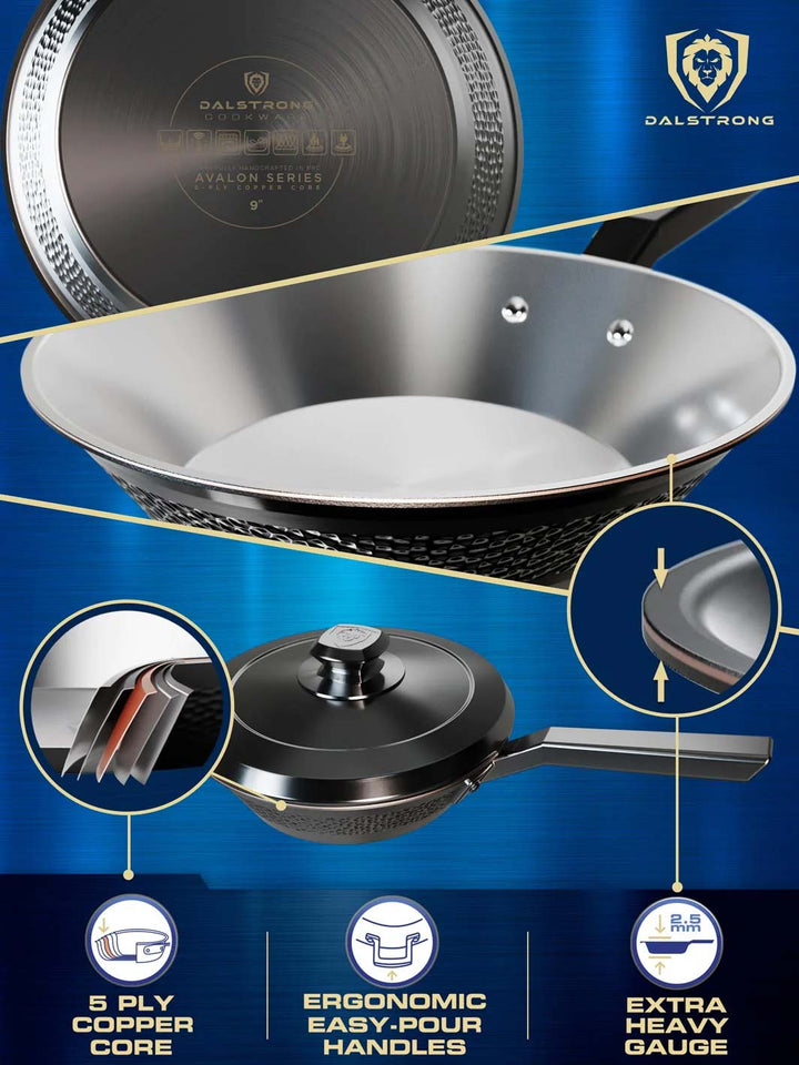 Dalstrong avalon series 9 inch skillet frying pan hammered finish black featuring it's 5 ply copper core and handles.