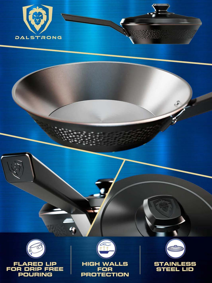 Dalstrong avalon series 9 inch skillet frying pan hammered finish black showcasing it's high walls and stainless steel lid.