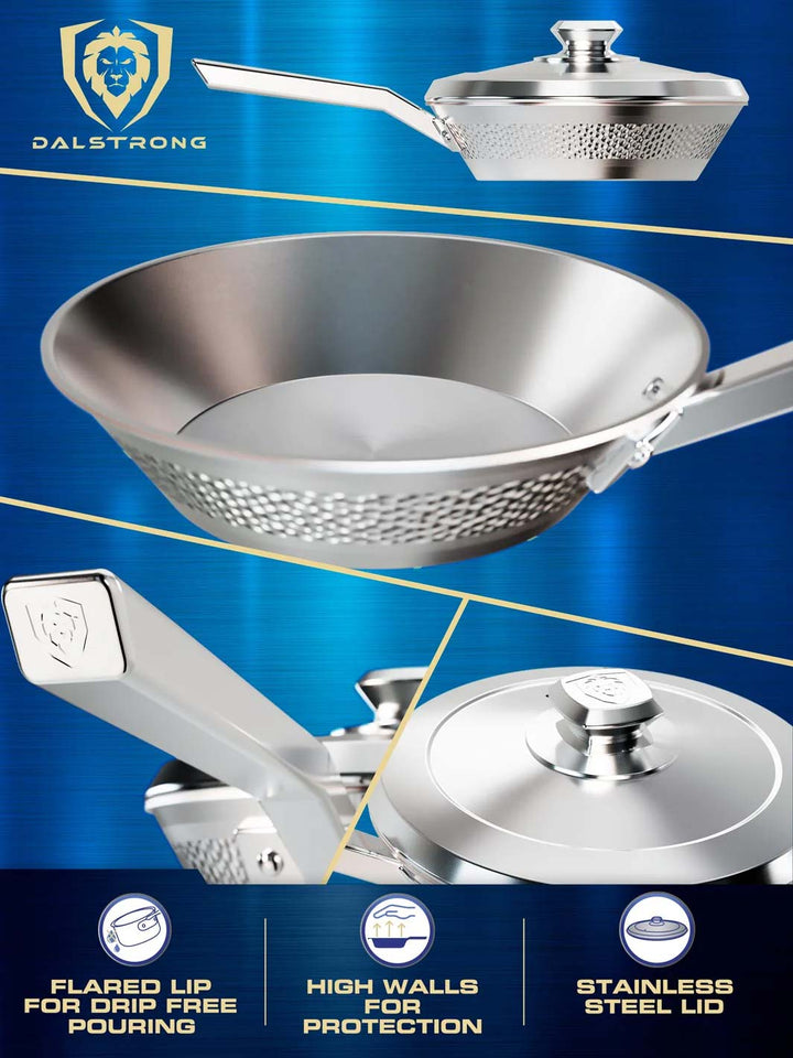 Dalstrong avalon series 9 inch frying pan skillet hammered finish silver featuring it's high walls and stainless steel lid.