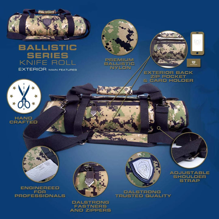 Dalstrong ballistic series camouflage premium knife roll featuring it's exterior main design.