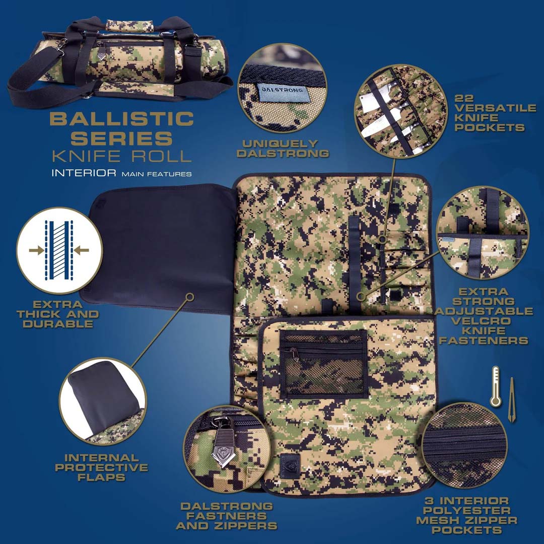 Dalstrong ballistic series camouflage premium knife roll showcasing it's interior main design.