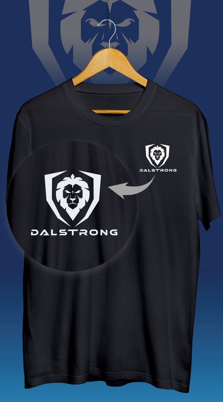 Dalstrong ruler of them all tee black front design with dalstrong name and logo.