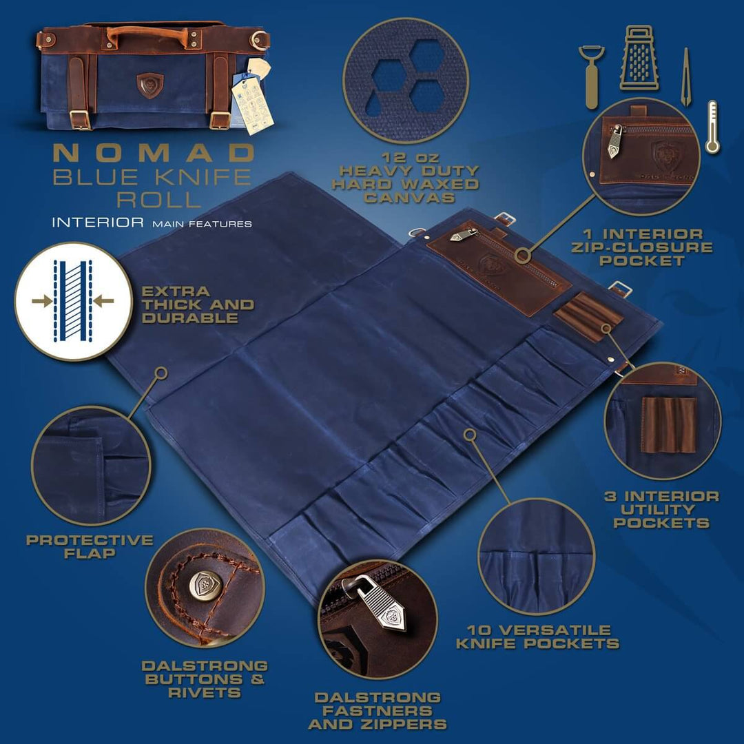 Dalstrong 12oz heavy-duty canvas and leather blue nomad knife roll featuring it's interior main design.