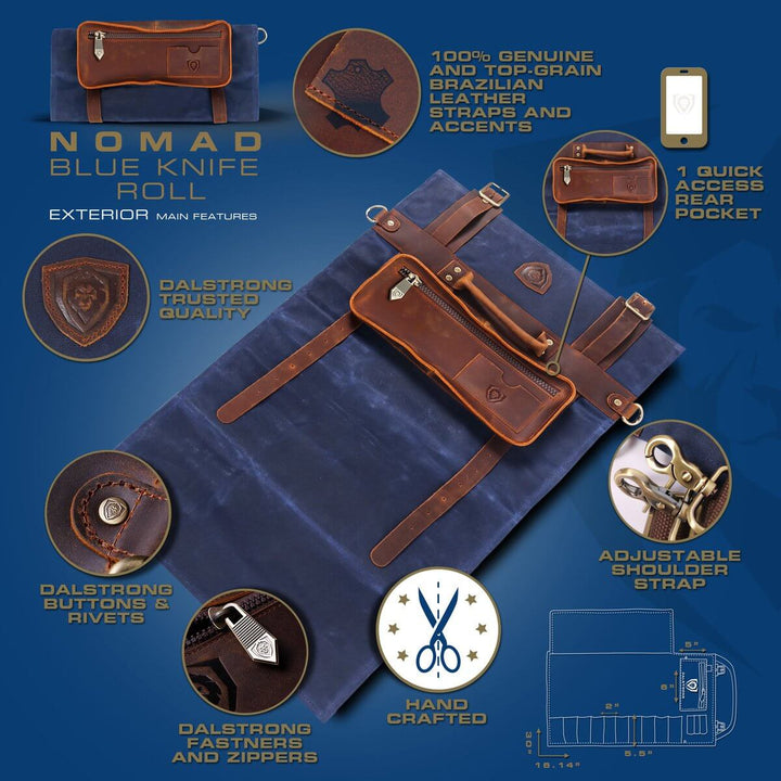 Dalstrong 12oz heavy-duty canvas and leather blue nomad knife roll featuring it's exterior main design.