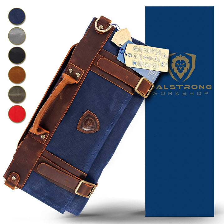 Dalstrong 12oz heavy-duty canvas and leather blue nomad knife roll in front of it's premium packaging.
