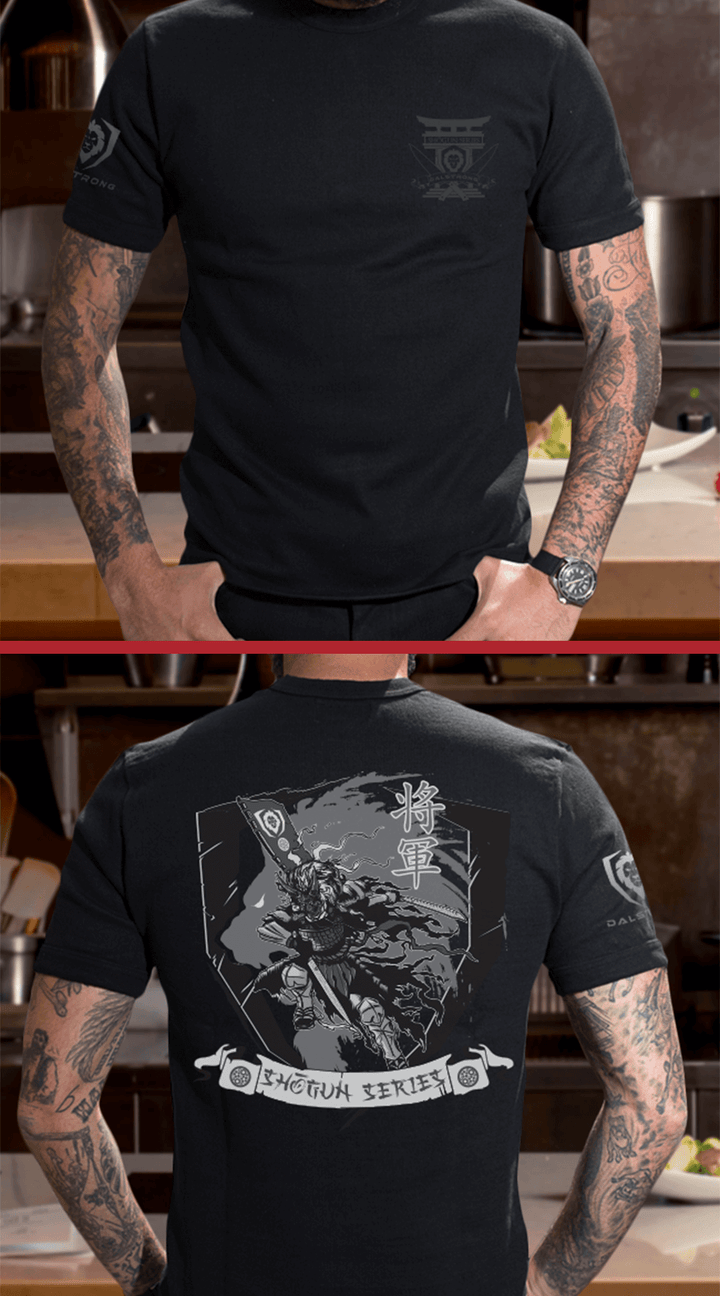 Dalstrong the shogun series war dance tee black front and back preview.