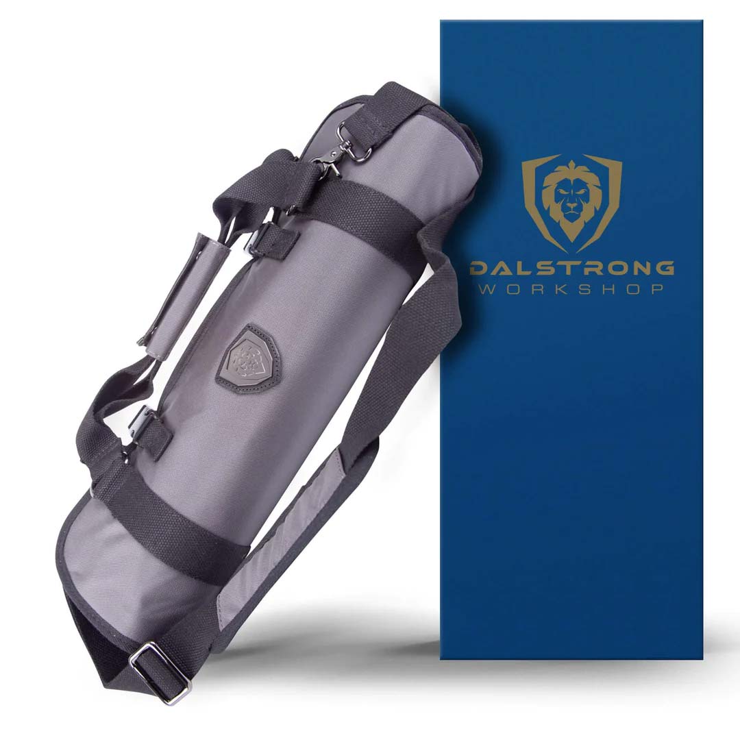 Dalstrong ballistic series graphite black knife roll in front of it's premium packaging.