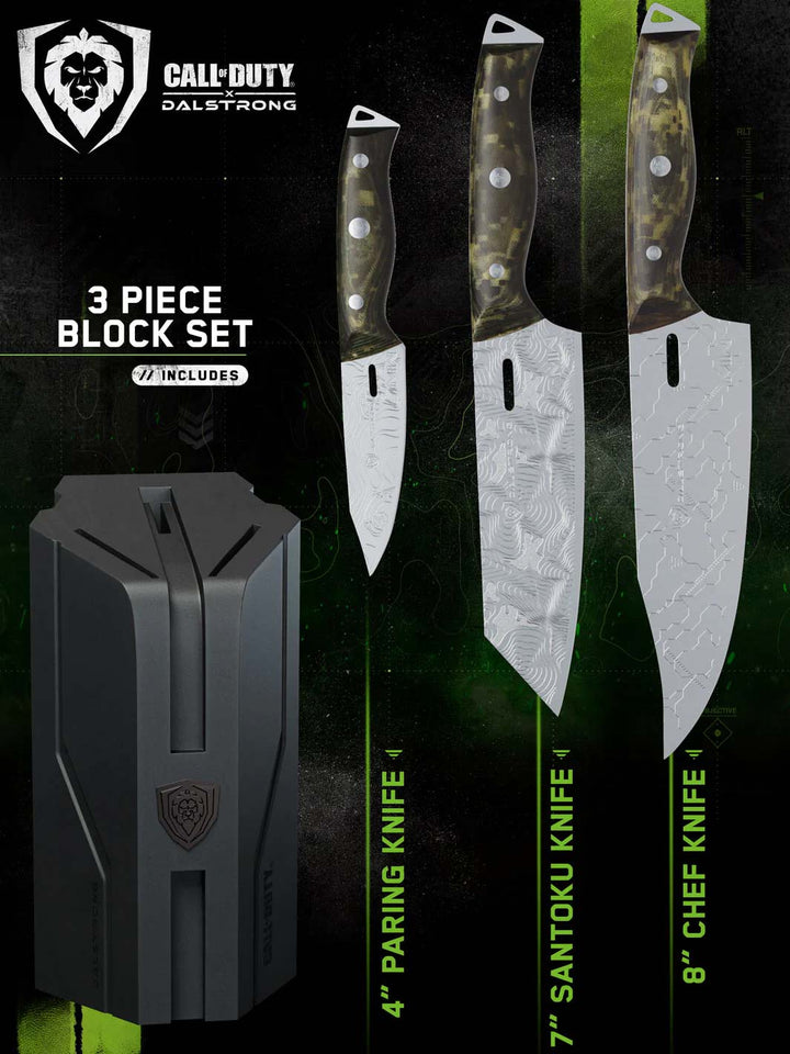Dalstrong call of duty series 3 piece knife set with block featuring it's complete set of knives and block.