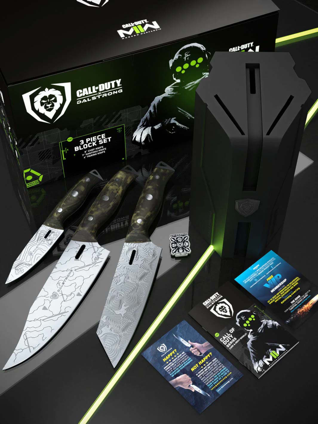 Dalstrong call of duty series 3 piece knife set with block beside it's premium packaging.