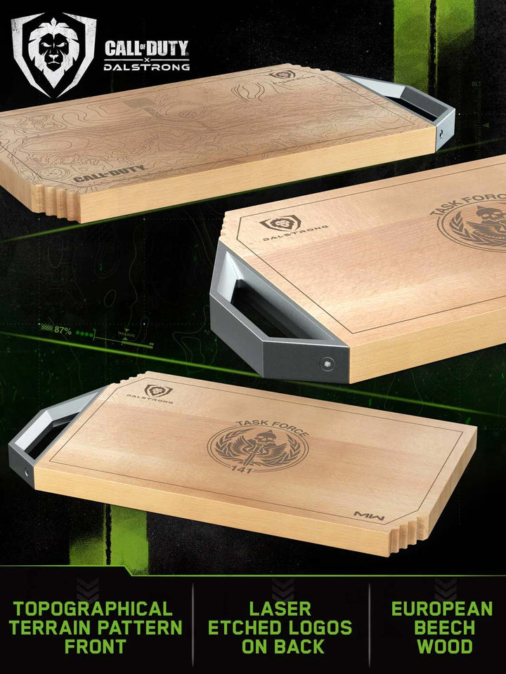 Dalstrong call of duty edition cutting board with rubberwood stand featuring it's board and logo.