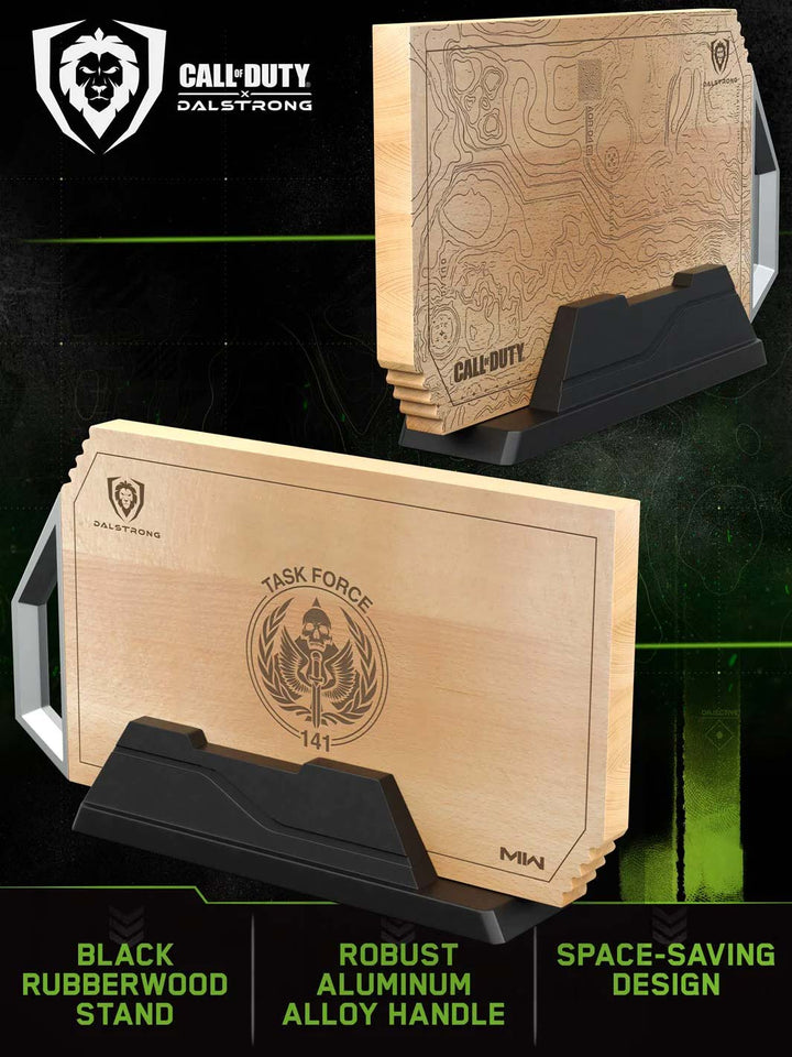 Dalstrong call of duty edition cutting board showcasing it's space saving rubberwood stand.