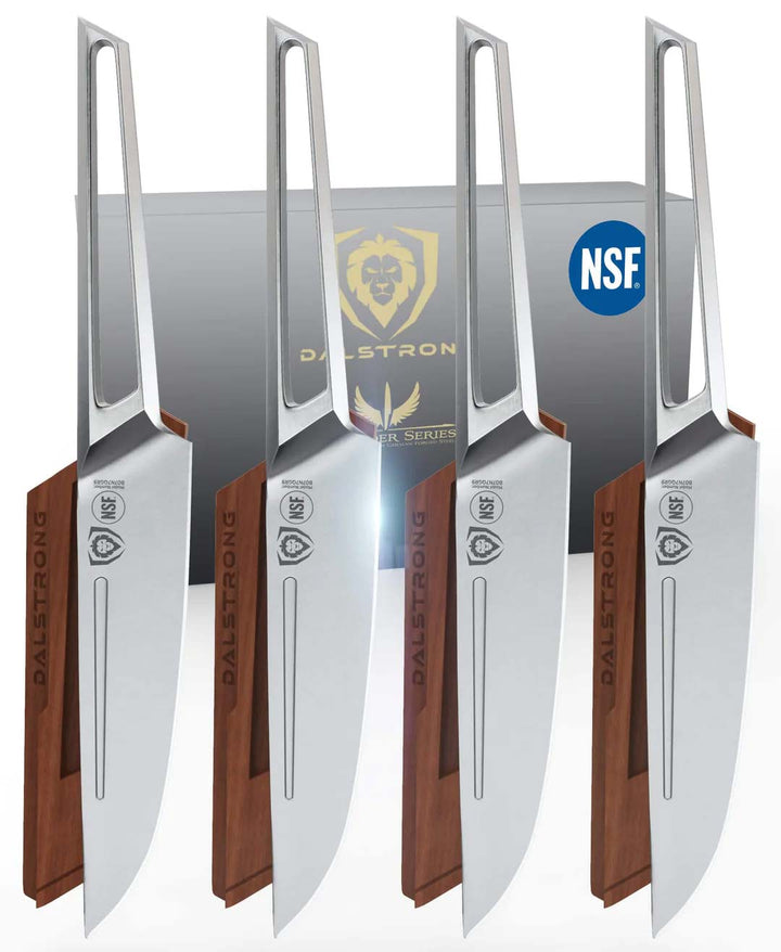Dalstrong crusader series 5 piece steak knife set in front of it's premium packaging.